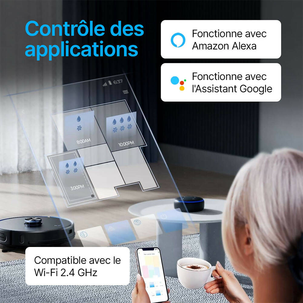 Robot aspirateur sans fil / Station d’auto-vidage / Bac à poussière de 3,5 L / 250 minutes d'autonomie / 3500 Pa / Navigation Lidar / Compatible avec Alexa & Applis