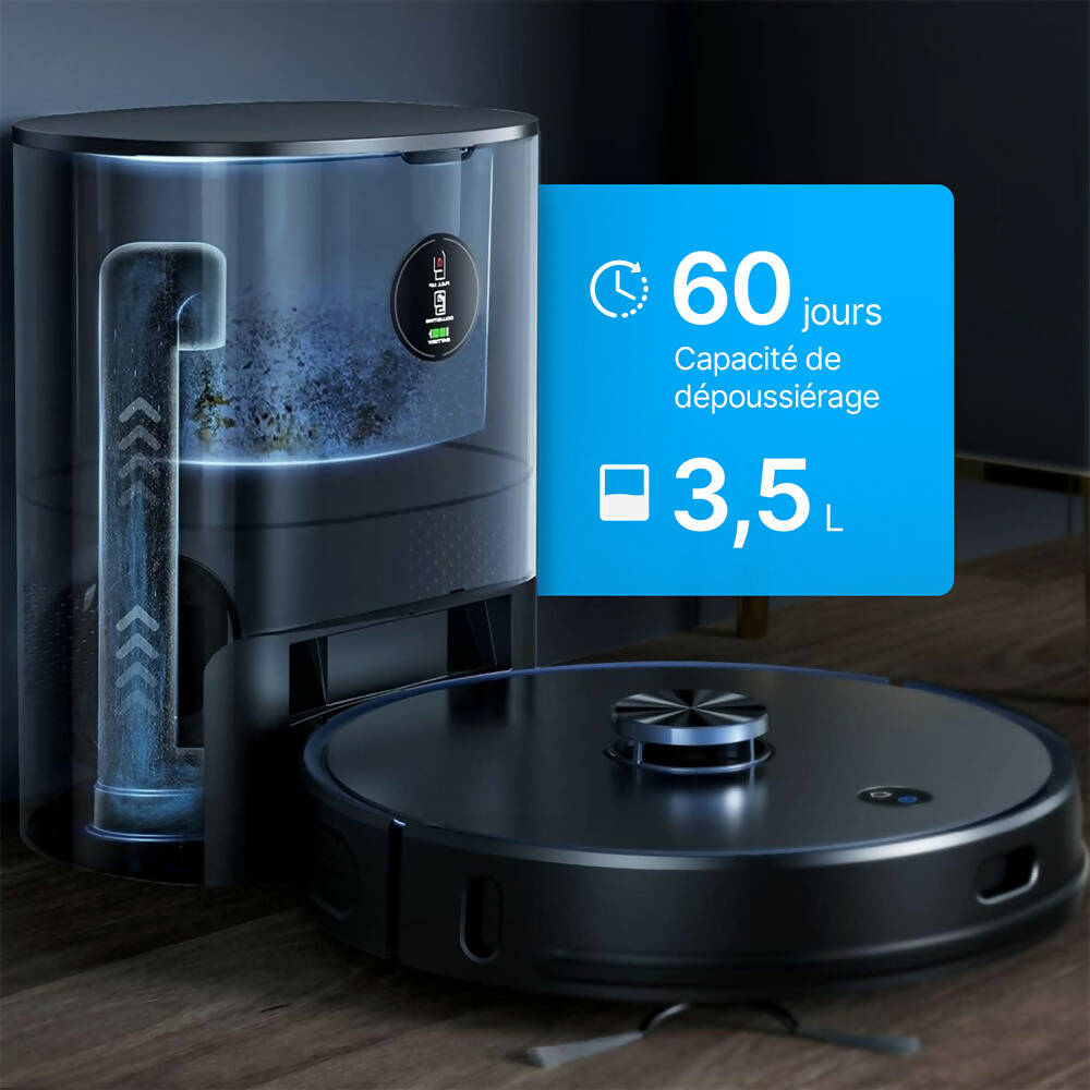 Robot aspirateur sans fil / Station d’auto-vidage / Bac à poussière de 3,5 L / 250 minutes d'autonomie / 3500 Pa / Navigation Lidar / Compatible avec Alexa & Applis