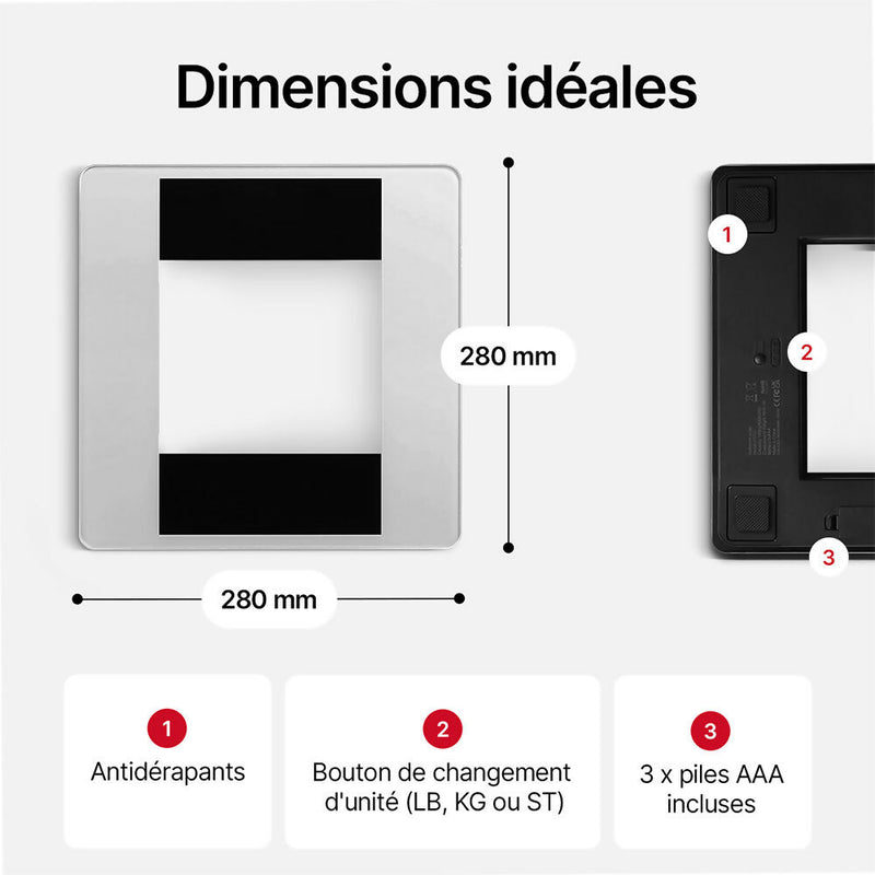 Pèse-personne électronique / Capteurs de pression Step-On / Technologie haute précision / Balance numérique avec affichage LED / Capacité de charge jusqu’à 180 kg