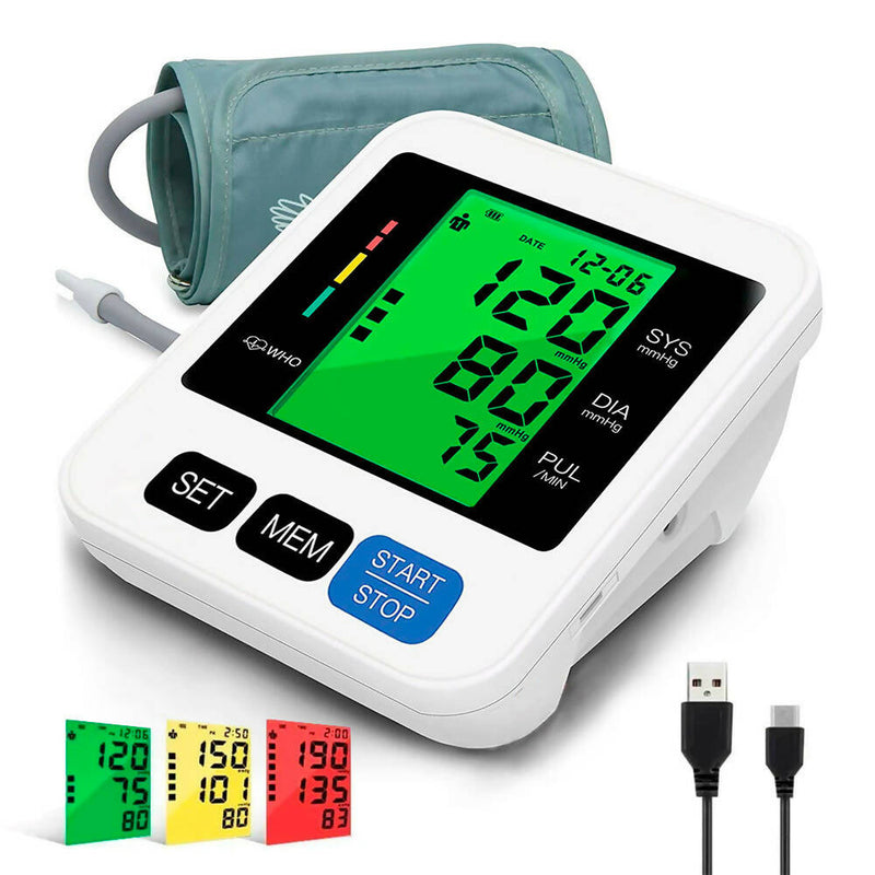 Tensiomètre automatique pour la tension artérielle et le pouls / Fonction mémoire & Couleurs / Fonction d'alerte en cas de battements cardiaques irréguliers / Portable
