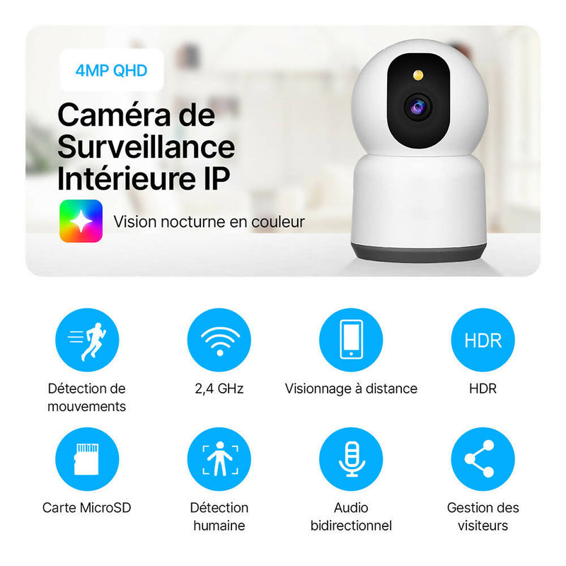 Caméra de surveillance intérieure 360° / Vision nocturne en couleurs / Alertes en temps réel / Audio bidirectionnel / Détecteur de personnes IA / Contrôlé par application