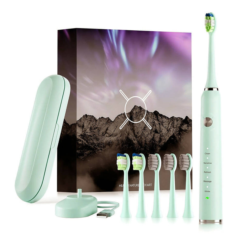 Brosse à dents électrique avec 6 Têtes de brosse / Médium ou Souple / 5 modes / Minuterie 2 Minutes / Chargeur sans fil / Autonomie 60 Jours / Étui de protection inclus