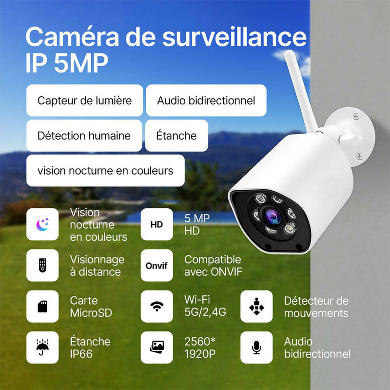 Caméra de surveillance extérieure 5MP / Vision nocturne en couleurs / Détecteur de personnes avec alarmes / Audio bidirectionnel / Contrôlé par application / Étanche