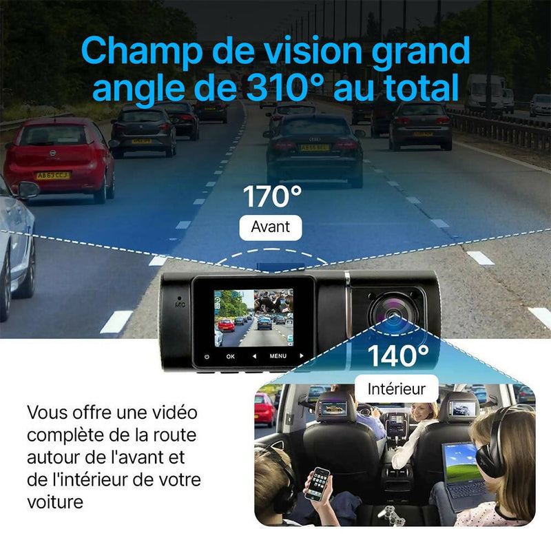 Dashcam Full HD / Caméra de voiture avec carte SD 32 Go / Vue grand angle 310° / Surveillance de parking / Détection de mouvement / Vision nocturne infrarouge / Capteur G