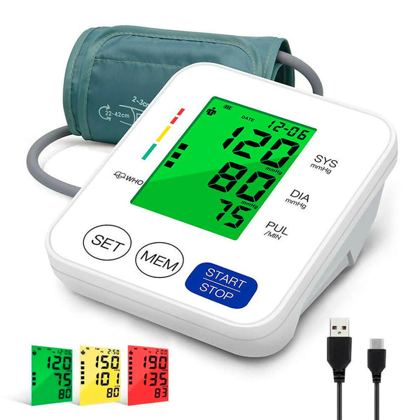 Tensiomètre automatique pour la tension artérielle et le pouls / Fonction mémoire & Couleurs / Fonction d'alerte en cas de battements cardiaques irréguliers / Portable