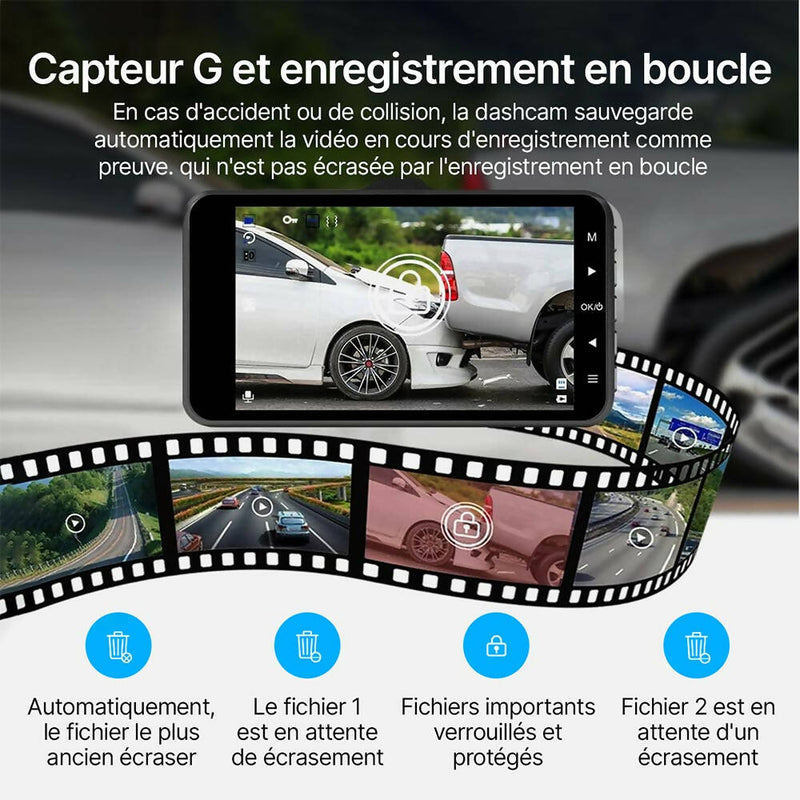 Dashcam / Caméra de voiture avec carte SD de 32 Go / Écran Full HD de 4 pouces, surveillance de stationnement / Détection de mouvement / Vision nocturne / Capteur G