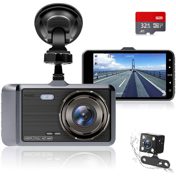 Dashcam / Caméra de voiture avec carte SD de 32 Go / Écran Full HD de 4 pouces, surveillance de stationnement / Détection de mouvement / Vision nocturne / Capteur G
